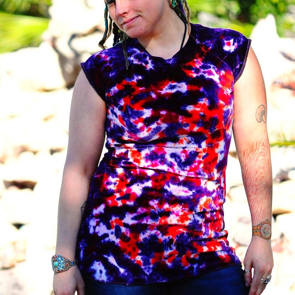 Womens Long Shirt Size Large Purple Tie Dye Velour Hippie Colorful Brand New
